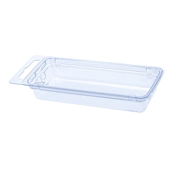 Recipiente Plástico Fundo Branco Embalagem Close Clamshell Pacote Clear Plastic — Fotografia de Stock