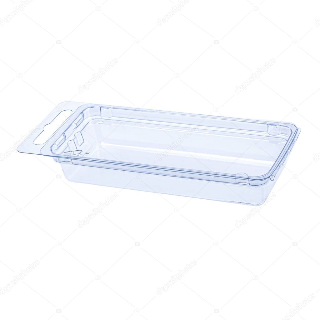 Plastic container on a white background, packaging, close-up Clamshell package, Clear Plastic Blister Box, Empty transparent plastic container isolated on white background with clipping path.