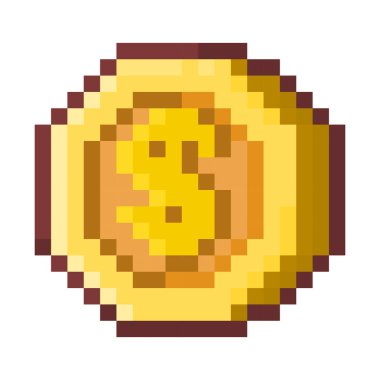 İçinde Y2K ve retro video oyunu estetiğinden esinlenilmiş cesur bir dolar işareti olan altın bir pikselli sanat sikkesi. Sokak kıyafetleri, dijital tasarım projeleri, çıkartmalar, logolar, NFT sanatı ve nostaljik piksellerden esinlenilmiş görseller için mükemmel..