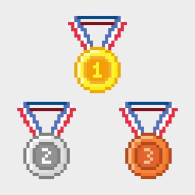 Kırmızı, beyaz ve mavi kurdeleli altın, gümüş ve bronz ödüllerin yer aldığı bir piksel sanat madalyası koleksiyonu. Retro oyun tasarımı, başarı simgeleri, lider tahtası grafikleri, Y2K tarzı sanat ve dijital koleksiyonlar için mükemmel. Makine arayışındaki yaratıcılar için ideal