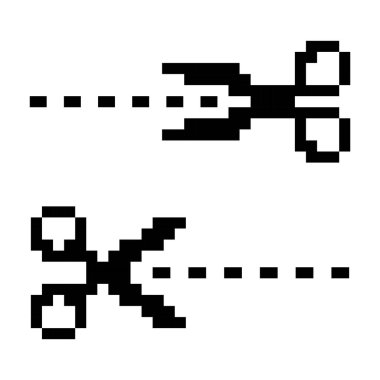 İki siyah makas simgesinin yer aldığı klasik, retro tarzı bir piksel resim, her birinde kesik çizgisi var. Dijital projeler, oyunlar ya da 8 bit estetiğe ihtiyaç duyan her tasarım için mükemmel..