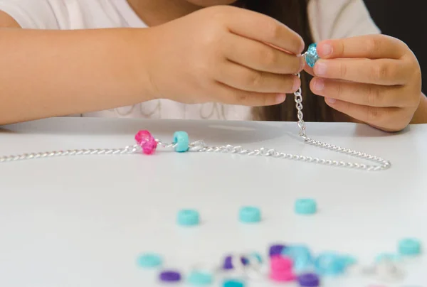 Girl Stringing Blue Pink Beads Creativity Kit Chain Fine Motor — Stock Photo, Image