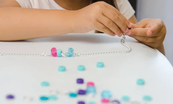 Girl Stringing Blue Pink Beads Creativity Kit Chain Fine Motor — Stock Photo, Image