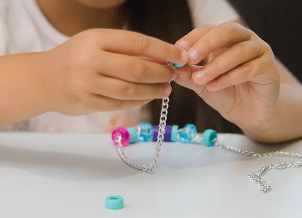 Girl Stringing Blue Pink Beads Creativity Kit Chain Fine Motor — Stock Photo, Image