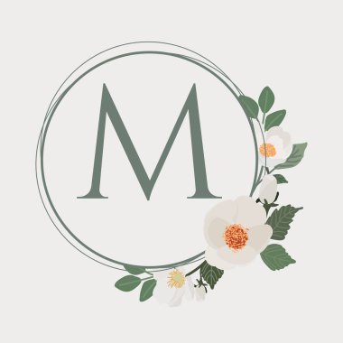 Beyaz kamelya çelenk çerçeve alfabe logo şablonu
