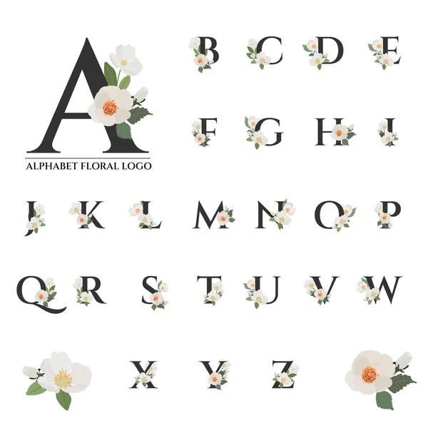 Magnifique Alphabet Floral Serif Noir Pour Collection Logo — Image vectorielle