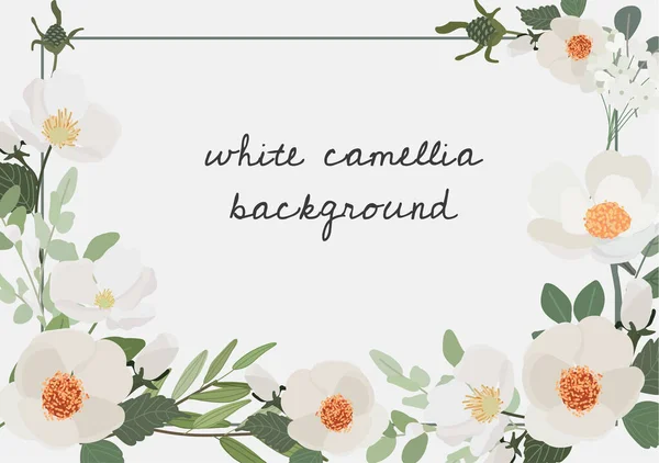 Белый Camellia Цветочный Букет Венок Фоне Рамы Плоский Стиль — стоковый вектор