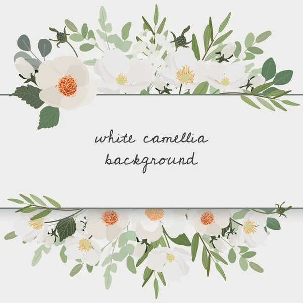 Белый Camellia Цветочный Букет Венок Рамка Плоский Стиль Фона Баннера — стоковый вектор