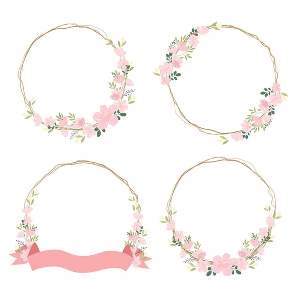 Gyönyörű Rózsaszín Sakura Vagy Vidám Virág Száraz Szalag Koszorú Gyűjtemény — Stock Vector