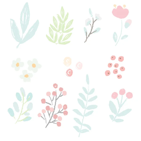 可愛い手描きスタイルパステルピンクと青の春小さな花と葉のコレクション — ストックベクタ