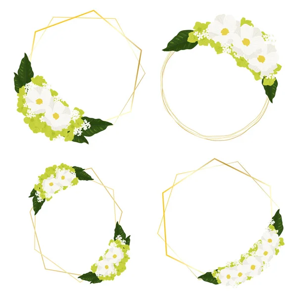 Ramo Flores Cosmos Blancos Hortensias Verdes Con Corona Marco Dorado — Vector de stock