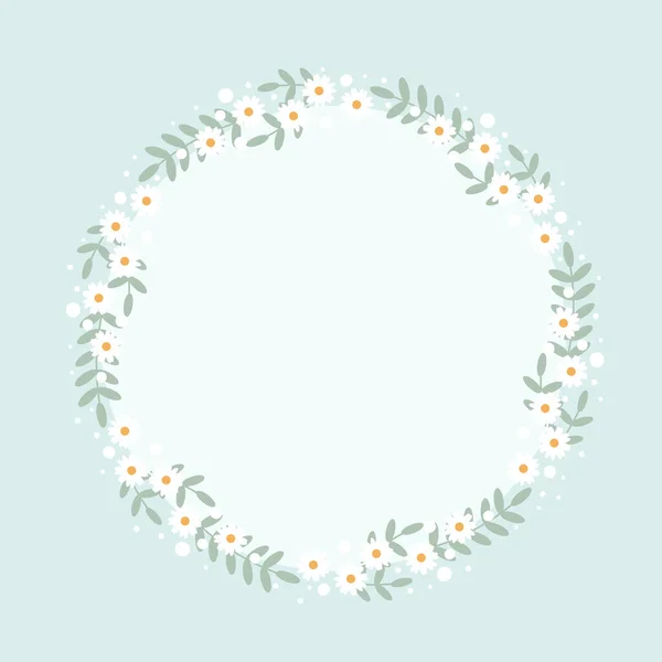 Niedlichen Flachen Stil Weißen Gänseblümchen Blumenkranz Rahmen Auf Blauem Hintergrund — Stockvektor