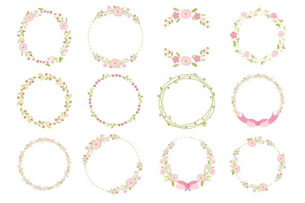 Rose Pastel Marguerite Printemps Couronne Gribouille Style Plat Collection — Image vectorielle