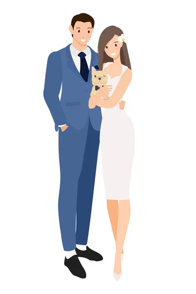 Lindo Joven Pareja Boda Con Bulldog Francés Cachorro Traje Boda — Vector de stock