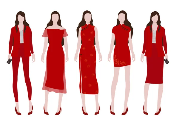 Femme Costume Rouge Pour Nouvelle Collection Année Chinoise — Image vectorielle