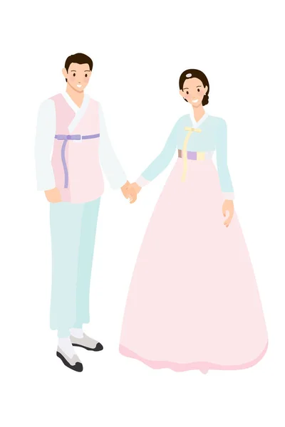 Koreański Para Tradycyjnej Sukni Ślubnej Lub Chuseok Płaski Styl — Wektor stockowy