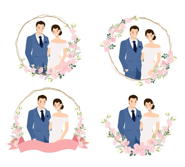 Bonito Jovem Casamento Casal Terno Azul Flor Cerejeira Coroa Estilo —  Vetores de Stock