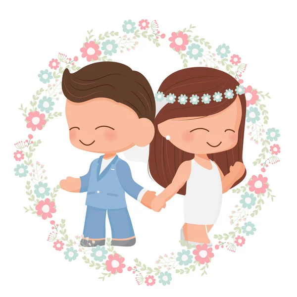 Mignon Couple Mariage Couronne Fleurs Style Plat Pour Saint Valentin — Image vectorielle