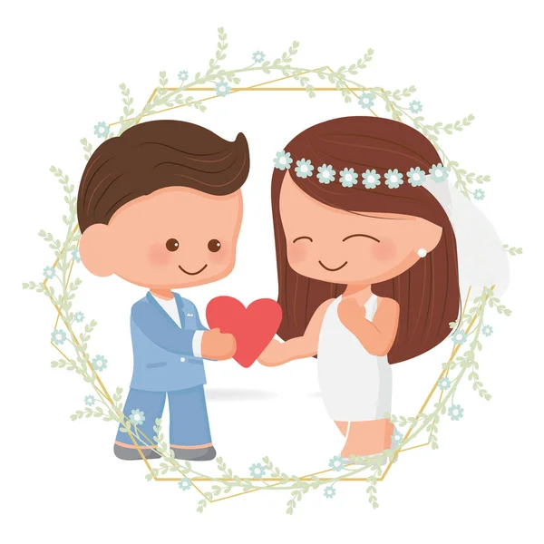 可愛い結婚式のカップルで花花輪フラットスタイルのためのバレンタインデーや結婚式のカードEps10ベクトルイラスト — ストックベクタ