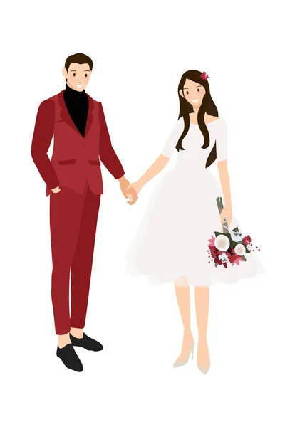 カジュアルな赤いスーツとドレスフラットスタイルで手を握って結婚式のカップル — ストックベクタ