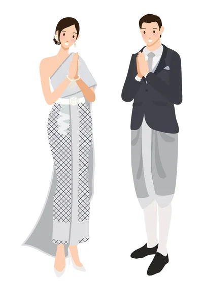 Thai Wedding Couple Greeting Traditional Dress — Stock Vector