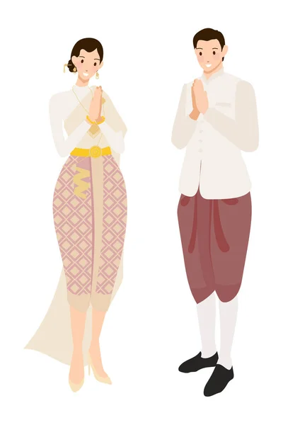 Thai Wedding Couple Greeting Traditional Dress — Stock Vector