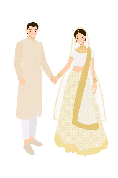 穿着传统婚纱礼服的美丽的印度夫妇新郎新娘 — 图库矢量图片