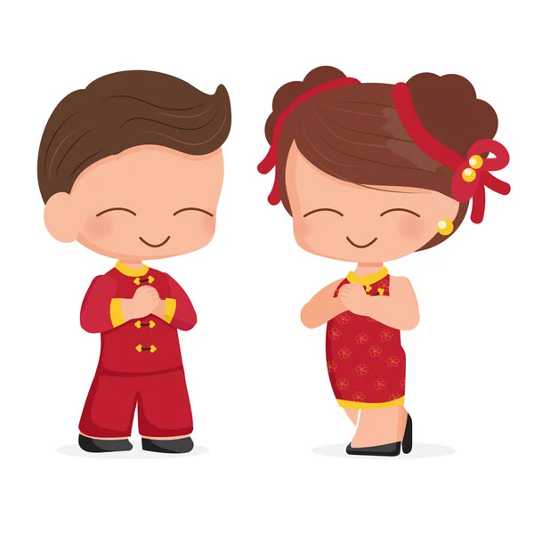 Χαριτωμένο Νεαρό Ζευγάρι Κόκκινο Κινέζικο Νέο Έτος Παραδοσιακό Φόρεμα Απομονώνονται — Διανυσματικό Αρχείο