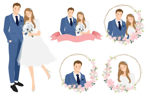 Lindo Dibujo Animado Joven Boda Pareja Corona Logotipo Flor Cerezo — Vector de stock