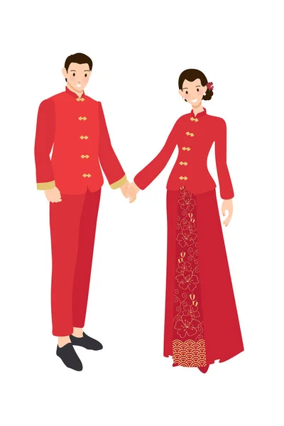 Pareja Boda China Vestido Rojo Tradicional Mano — Archivo Imágenes Vectoriales