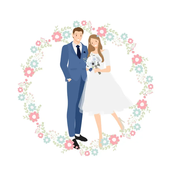 Bonito Jovem Casamento Casal Terno Azul Com Flor Coroa Eps10 —  Vetores de Stock