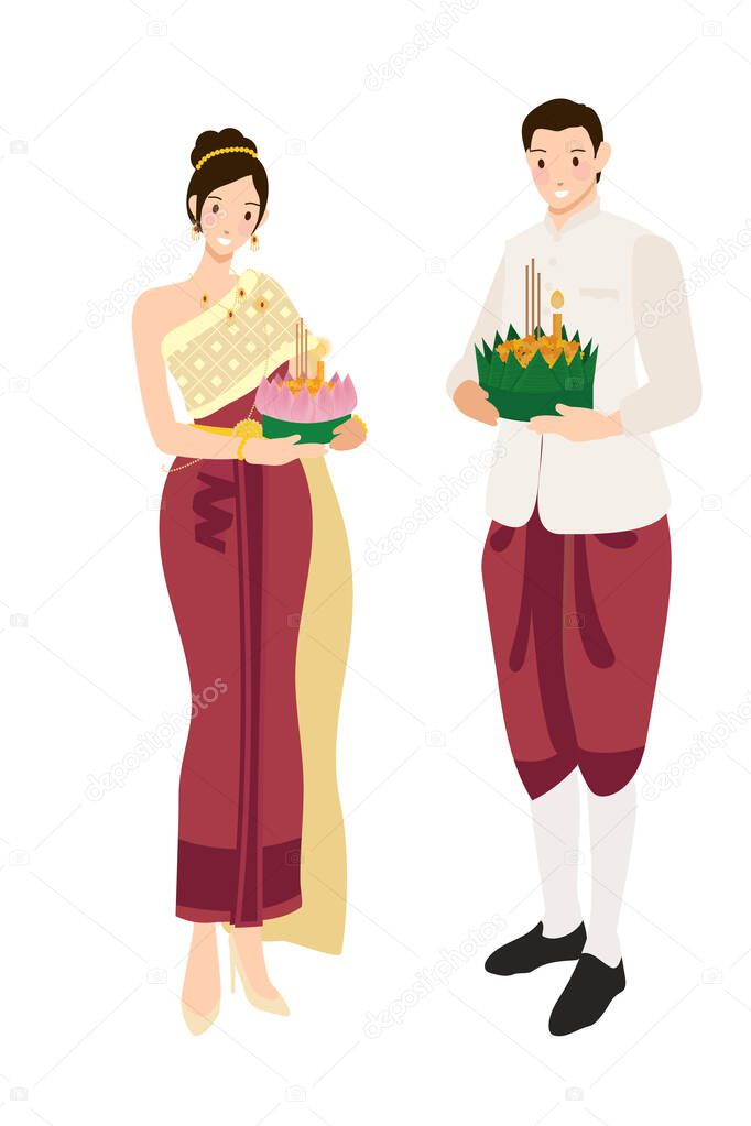 cute Thai couple in traditional red dress on floating flowers Loy Krathong festival on white background isolated eps10 vector illustration