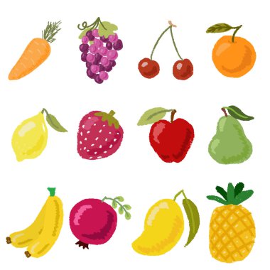 Düz el çizim tarzı koleksiyon Eps10 vektör illüstrasyonunda renkli meyve ve sebze