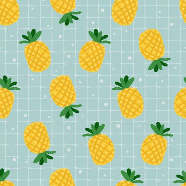 el çizimi sarı ananas yeşil ekose arka planda pürüzsüz desen