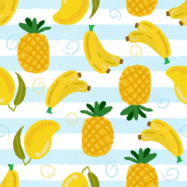 Yellow Tropical Fruit Blue Strip Background Seamless Pattern Summer — Stock Vector
