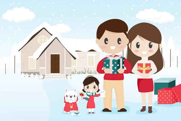 Ευτυχισμένη Οικογένεια Κατοικίδιο Ζώο Γαλλικό Μπουλντόγκ Για Χιονισμένα Χριστούγεννα Πυγμαχία — Διανυσματικό Αρχείο