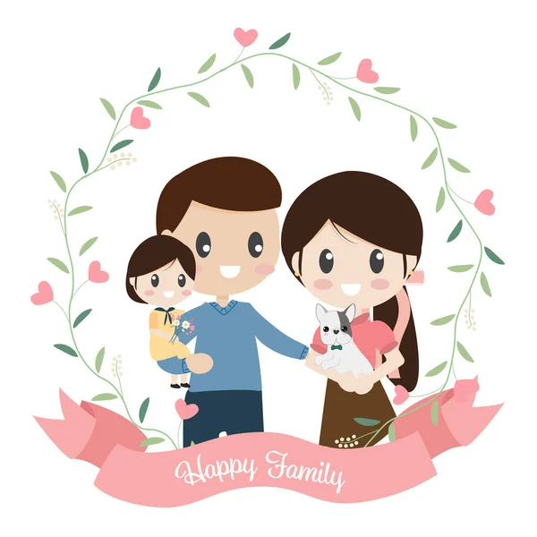 Glücklich Familie Cartoon Flachen Stil Herz Kranz Eps10 Vektor Illustration — Stockvektor
