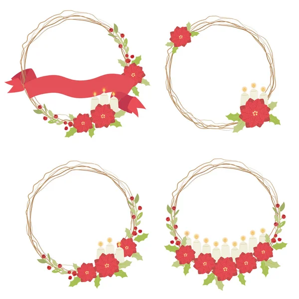 Fleur Poinsettia Rouge Noël Avec Bougie Brindille Sèche Ruban Couronne — Image vectorielle