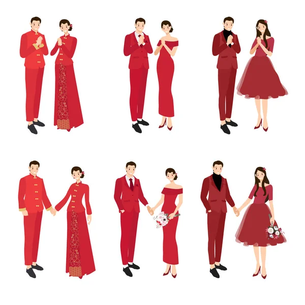 Couple Mariage Chinois Robe Rouge Traditionnelle Tenant Main Salutation Pour — Image vectorielle