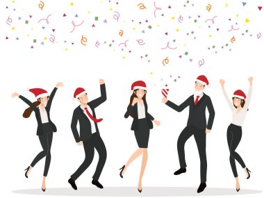 Takım çalışanı Noel partisi konfeti eps10 vektör illüstrasyonuyla ofiste.