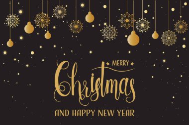 Altın Noel kar taneleri ve arka planda kaligrafi ile süslenmiş süsler
