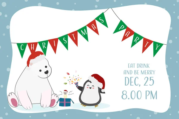 Χαριτωμένο Αστείο Πολική Αρκούδα Και Πιγκουίνος Χριστούγεννα Πρόσκληση Κόμμα Eps10 — Διανυσματικό Αρχείο