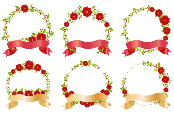 Collection Bannières Fleurs Ruban Noël Rouge — Image vectorielle