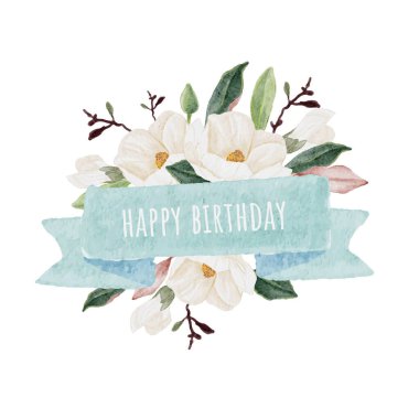 mavi kurdele etiketli suluboya beyaz manolya logo veya afiş arkaplan için metin kopyalama alanı