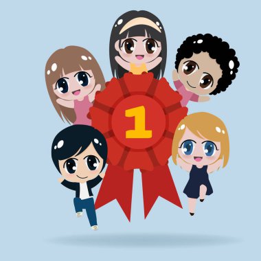 Üniformalı uluslararası evrensel çocuklar ellerinde kurdele koleksiyonu tutuyorlar. 