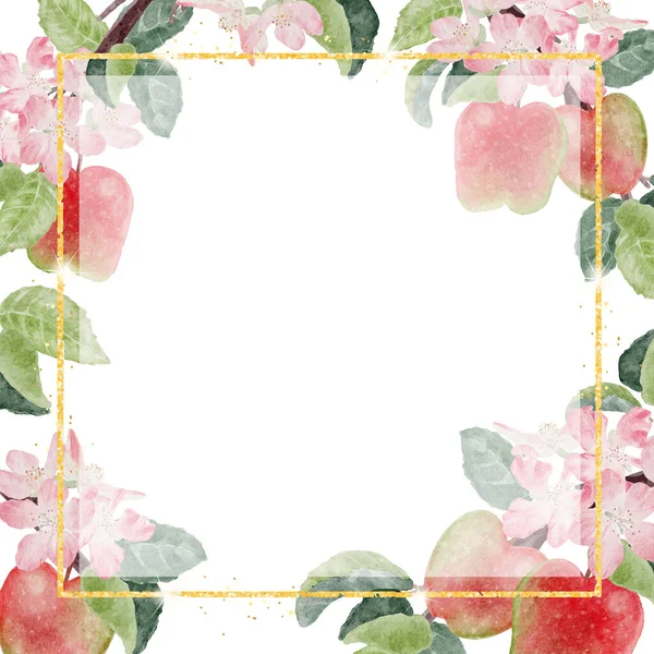 Aquarell Apfelblüte Und Obst Mit Goldenem Glitzerrahmen Für Banner Mit — Stockvektor
