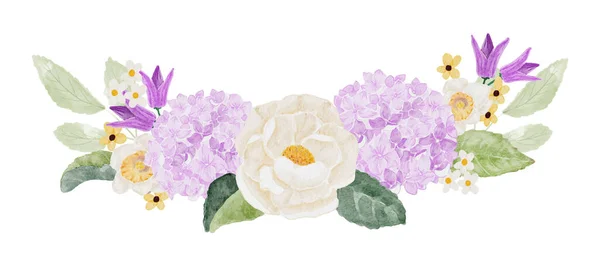 Aquarelle Camélia Blanc Bouquet Fleurs Hortensia Violet — Image vectorielle