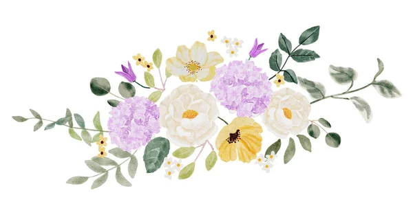 Akvarell Vit Camellia Och Lila Hortensia Blomma Bukett — Stock vektor