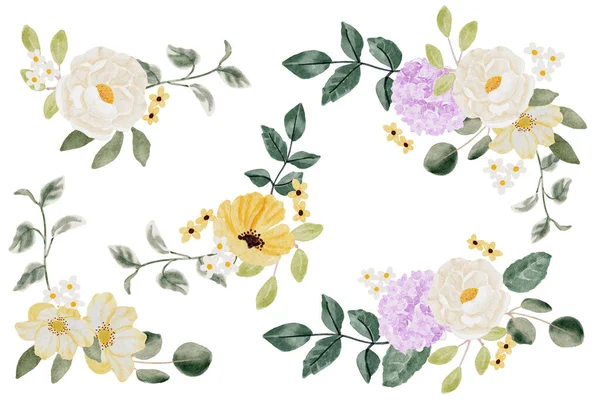 Aquarell Hortensie Und Wildblumen Strauß Sammlung Isoliert Auf Weißem Hintergrund — Stockvektor
