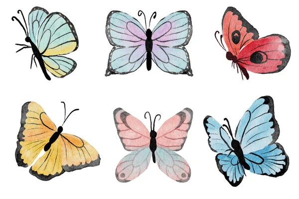 Aquarell Handgezeichnet Bunte Schmetterling Kollektion Isoliert Auf Weißem Hintergrund — Stockvektor